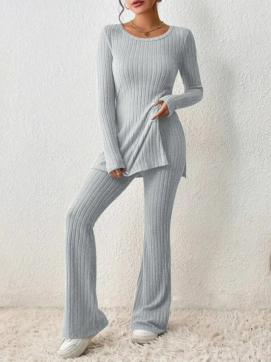 Ribbed Knit Tunic Top & Flare Pants Set | Elegant Long Sleeve Lounge Outfit Women's Suit Set mpncm1-10.myshopify.com ribbed-knit-tunic-flare-pants-set Fittyluxe
