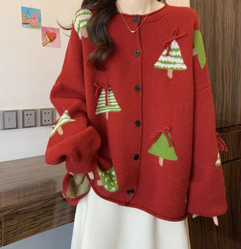 Festive Red Christmas Tree Knit Cardigan – Oversized Holiday Sweater Coat sweater & coat mpncm1-10.myshopify.com womens-oversized-red-christmas-tree-cardigan-sweater Fittyluxe