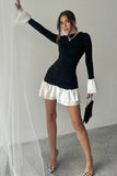 Elegant Black Ruched Mini Dress – High-Waist Long Sleeve with Ruffle Hem Mini Dresses mpncm1-10.myshopify.com elegant-black-ruched-mini-dress-white-ruffle-contrast Fittyluxe