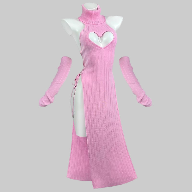 Pink dress with white heart design on a mannequin against a white background