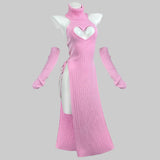 Pink dress with white heart design on a mannequin against a white background