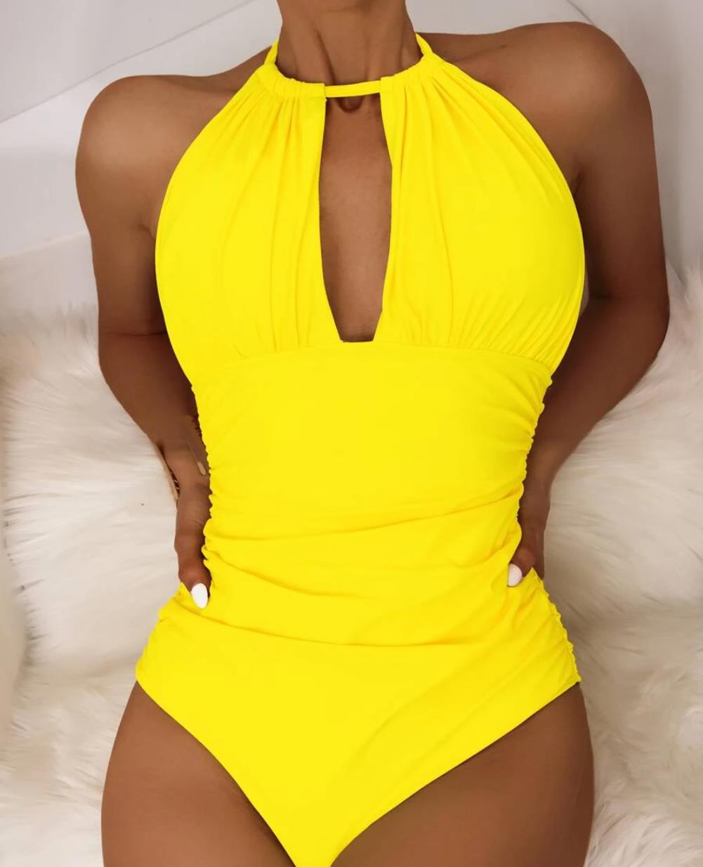 Women's Halter Neck One-Piece Swimsuit – Ruched Keyhole Cutout Slimming Swimwear