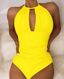 Women's Halter Neck One-Piece Swimsuit – Ruched Keyhole Cutout Slimming Swimwear