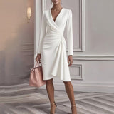 Elegant Ruched V-Neck Commuter Dress – Long Sleeve Slim Fit Asymmetrical Midi