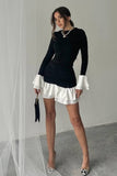 Elegant Black Ruched Mini Dress – High-Waist Long Sleeve with Ruffle Hem Mini Dresses mpncm1-10.myshopify.com elegant-black-ruched-mini-dress-white-ruffle-contrast Fittyluxe