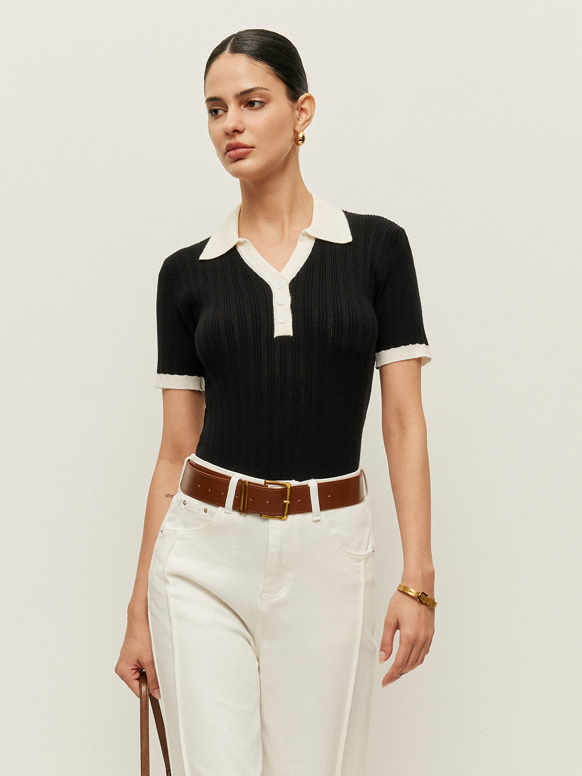 Chic Contrast Polo Collar Ribbed Knit Top - Women's Slimming V-Neck Cotton Blouse Women's Knit Tops & Blouses mpncm1-10.myshopify.com contrast-ribbed-knit-polo-top-cotton-vneck Fittyluxe