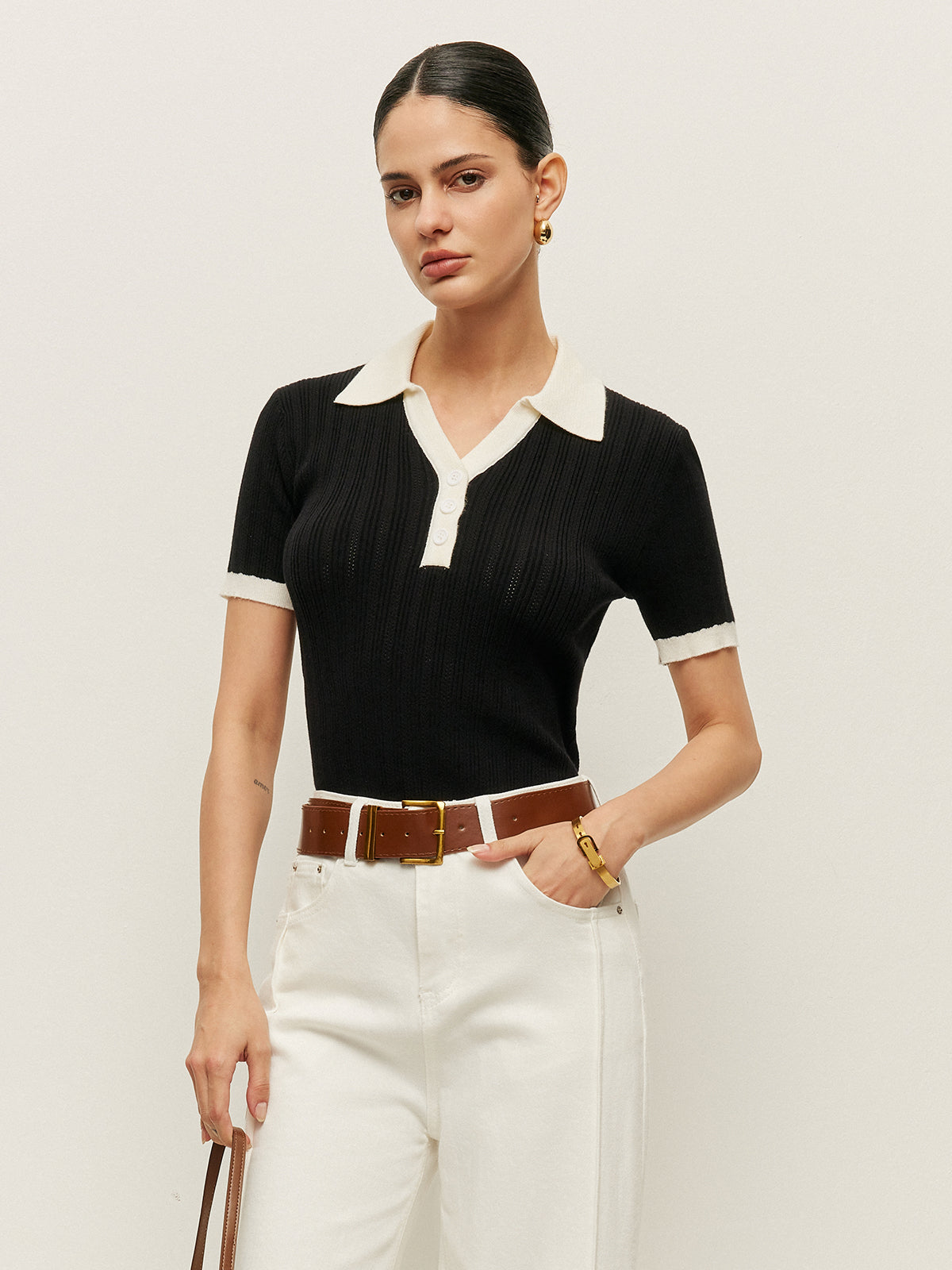 Chic Contrast Polo Collar Ribbed Knit Top - Women's Slimming V-Neck Cotton Blouse Women's Knit Tops & Blouses mpncm1-10.myshopify.com contrast-ribbed-knit-polo-top-cotton-vneck Fittyluxe