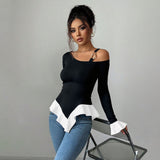 Chic Black One-Shoulder Top with Metal Buckle and Contrast Ruffled Hem Blouses & Fashion Tops mpncm1-10.myshopify.com black-one-shoulder-metal-buckle-ruffle-top Fittyluxe
