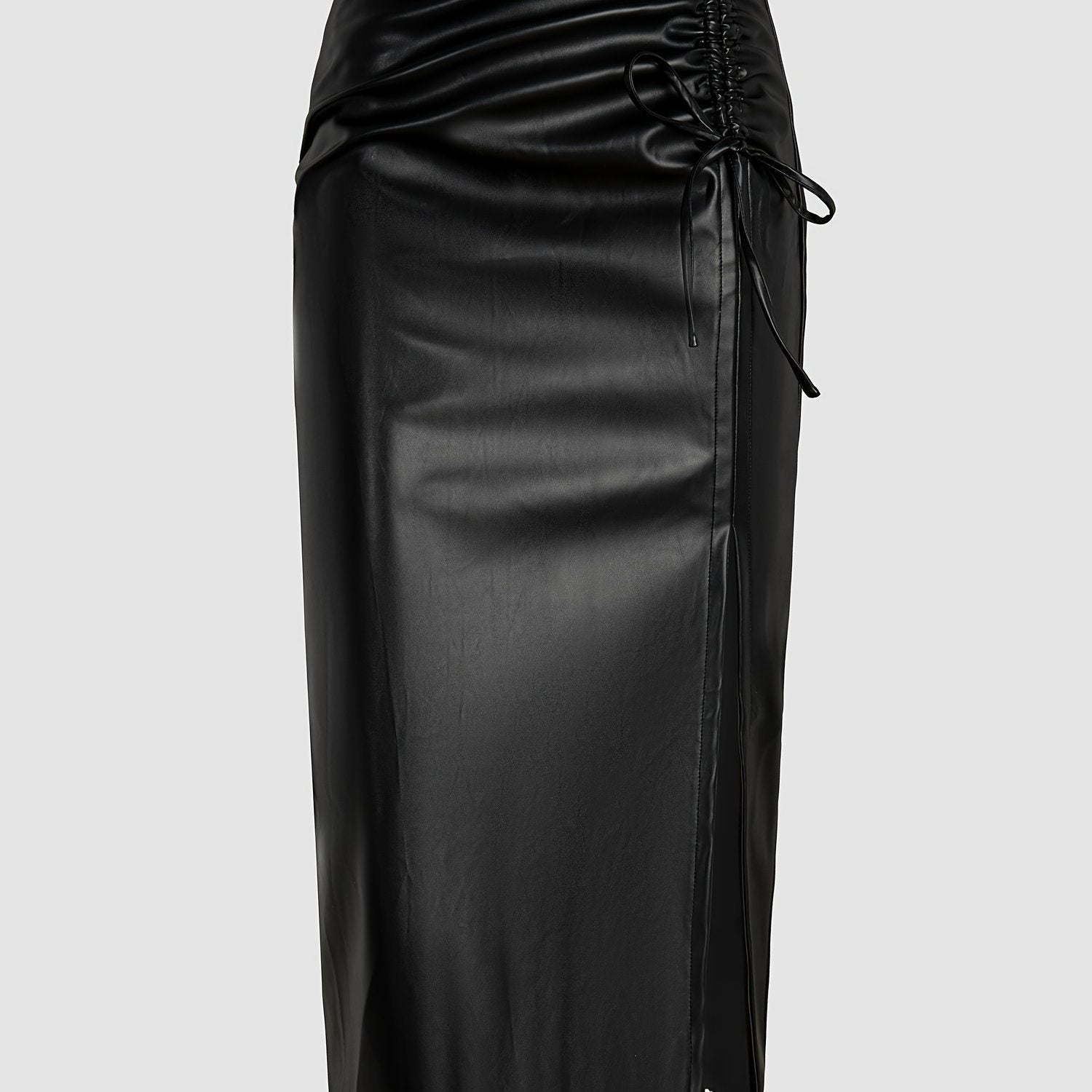 Women's Ruched Faux Leather Pencil Skirt – High Slit Coffee Midi Skirts mpncm1-10.myshopify.com womens-ruched-faux-leather-pencil-skirt-coffee Fittyluxe