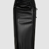 Women's Ruched Faux Leather Pencil Skirt – High Slit Coffee Midi Skirts mpncm1-10.myshopify.com womens-ruched-faux-leather-pencil-skirt-coffee Fittyluxe