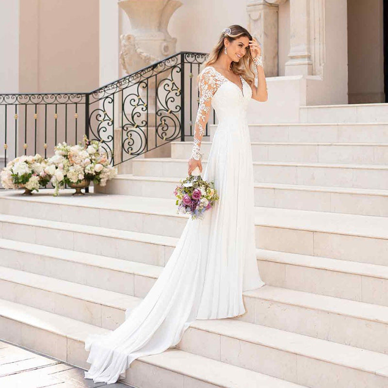 Elegant V-Neck A-Line Wedding Dress with Sheer Lace Sleeves | Chiffon Bridal Gown Wedding Dress mpncm1-10.myshopify.com v-neck-lace-sleeve-chiffon-wedding-dress Fittyluxe