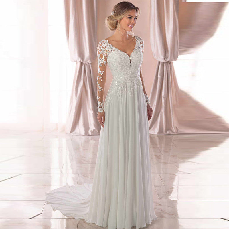 Elegant V-Neck A-Line Wedding Dress with Sheer Lace Sleeves | Chiffon Bridal Gown Wedding Dress mpncm1-10.myshopify.com v-neck-lace-sleeve-chiffon-wedding-dress Fittyluxe