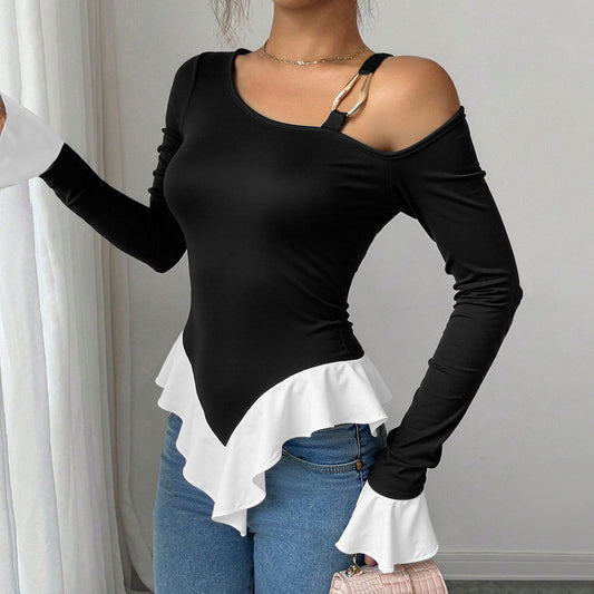 Chic Black One-Shoulder Top with Metal Buckle and Contrast Ruffled Hem Blouses & Fashion Tops mpncm1-10.myshopify.com black-one-shoulder-metal-buckle-ruffle-top Fittyluxe