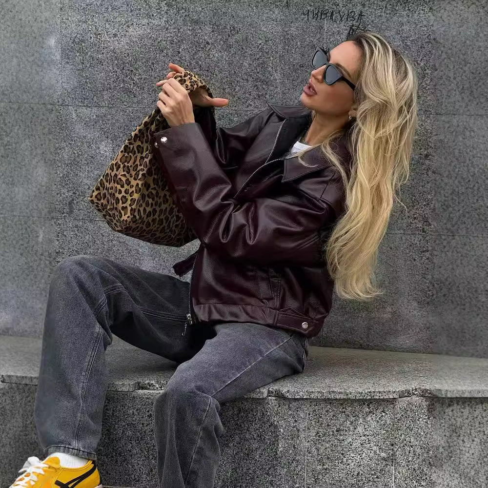 Women's Loose Fit Faux Leather Bomber Jacket – Lapel Collar Zip-Up Coat Jackets & Coats mpncm1-10.myshopify.com womens-oversized-faux-leather-lapel-jacket Fittyluxe