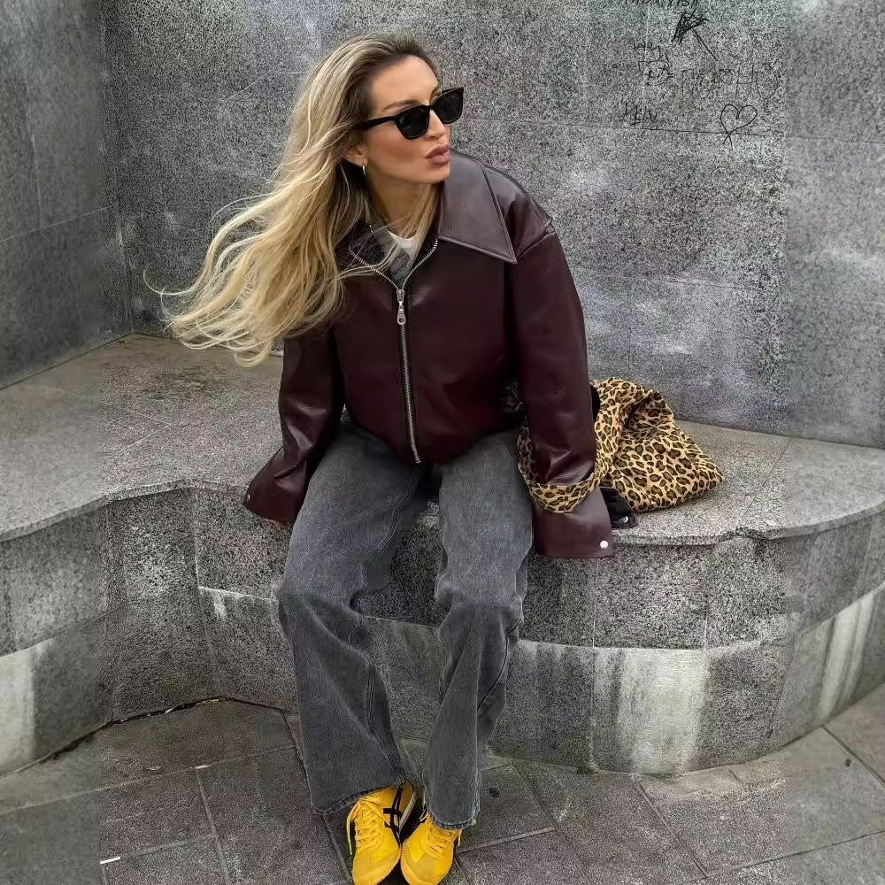 Women's Loose Fit Faux Leather Bomber Jacket – Lapel Collar Zip-Up Coat Jackets & Coats mpncm1-10.myshopify.com womens-oversized-faux-leather-lapel-jacket Fittyluxe