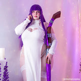 Person in a white outfit with purple accents holding a weapon against a light purple background