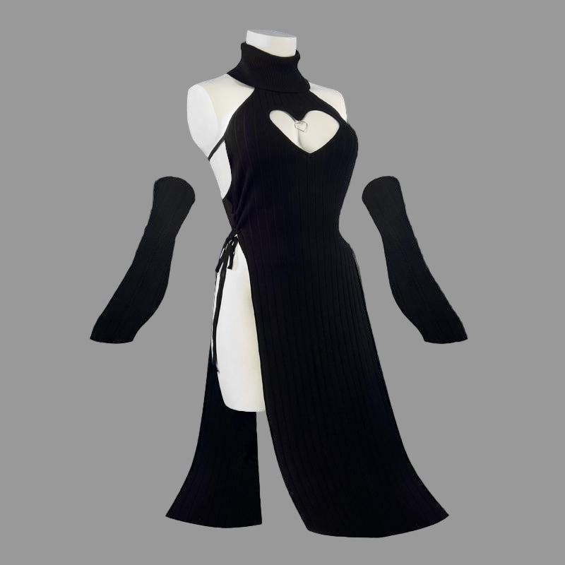 Black dress with heart cutout on a mannequin against a white background