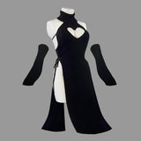 Black dress with heart cutout on a mannequin against a white background