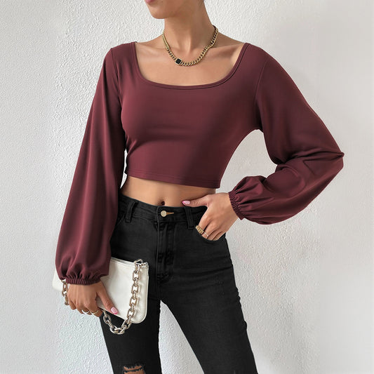Burgundy Square Neck Lantern Sleeve Crop Top | Retro Slim Fit Blouse Women's Tops & Blouses mpncm1-10.myshopify.com burgundy-square-neck-lantern-sleeve-crop-top Fittyluxe