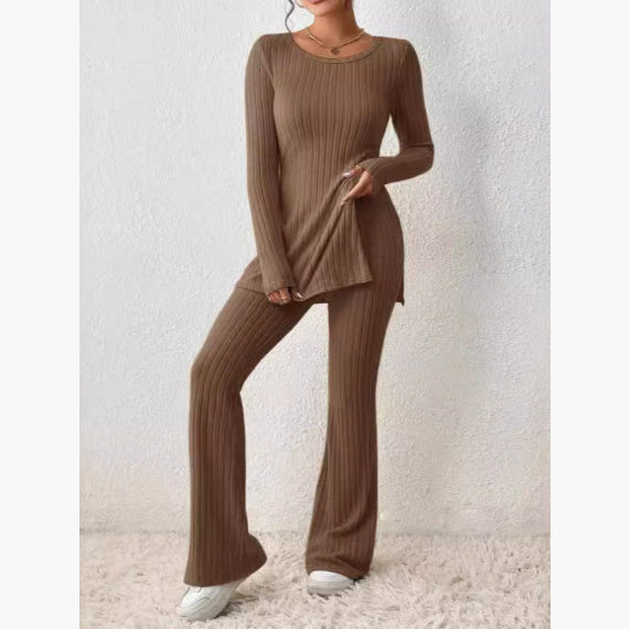 Ribbed Knit Tunic Top & Flare Pants Set | Elegant Long Sleeve Lounge Outfit Women's Suit Set mpncm1-10.myshopify.com ribbed-knit-tunic-flare-pants-set Fittyluxe