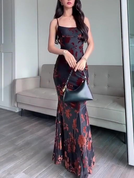 Women's Romantic Floral Flocked Maxi Dress – Velvet Texture Slip Gown Maxi Dresses mpncm1-10.myshopify.com womens-floral-flocked-velvet-maxi-slip-dress Fittyluxe