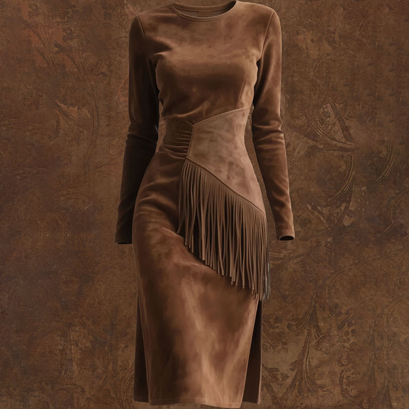 Vintage Western Suede-Look Midi Dress – Fringe & Ruffle Detail Long Sleeve Bodycon Midi Dresses mpncm1-10.myshopify.com vintage-western-suede-fringe-midi-dress-bodycon Fittyluxe