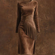 Vintage Western Suede-Look Midi Dress – Fringe & Ruffle Detail Long Sleeve Bodycon Midi Dresses mpncm1-10.myshopify.com vintage-western-suede-fringe-midi-dress-bodycon Fittyluxe