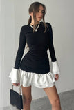 Elegant Black Ruched Mini Dress – High-Waist Long Sleeve with Ruffle Hem Mini Dresses mpncm1-10.myshopify.com elegant-black-ruched-mini-dress-white-ruffle-contrast Fittyluxe