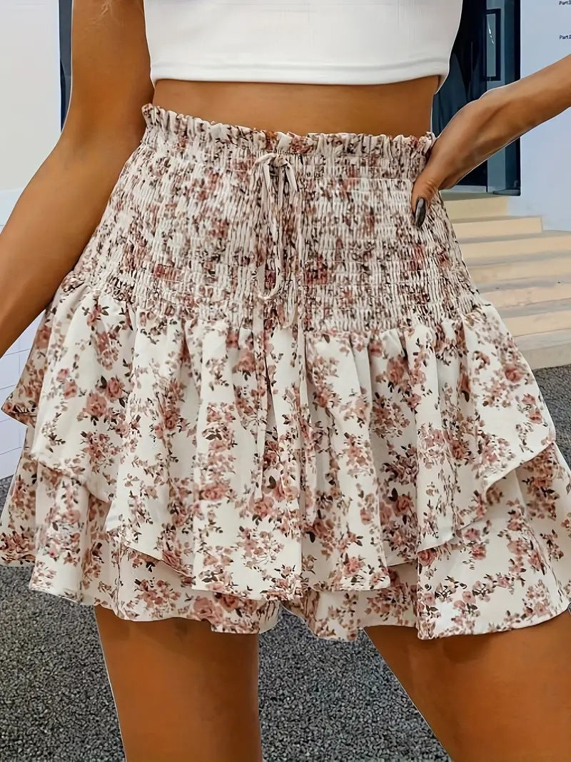 Women's Floral Print Ruffled Skort – High-Waist Shirred Layered Culottes Skirts & Skorts mpncm1-10.myshopify.com womens-floral-ruffled-skort-shirred-high-waist Fittyluxe
