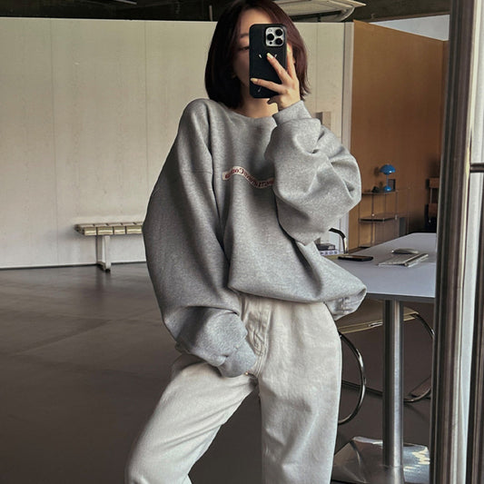 Korean Style Oversized Embroidered Sweatshirt – Round Neck Lantern Sleeve Pullover
