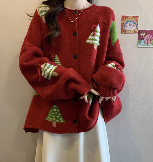 Festive Red Christmas Tree Knit Cardigan – Oversized Holiday Sweater Coat sweater & coat mpncm1-10.myshopify.com womens-oversized-red-christmas-tree-cardigan-sweater Fittyluxe
