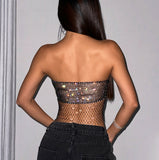 Dazzling Black Rhinestone Fishnet Tube Top - Strapless Sheer Mesh Crop with Sequin Fringe Tops mpncm1-10.myshopify.com black-rhinestone-fishnet-strapless-tube-top Fittyluxe