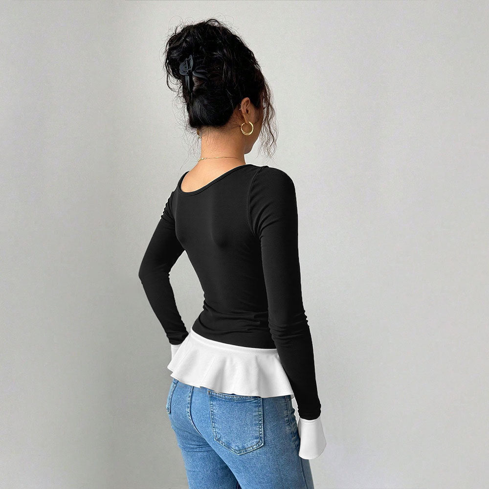 Chic Black One-Shoulder Top with Metal Buckle and Contrast Ruffled Hem Blouses & Fashion Tops mpncm1-10.myshopify.com black-one-shoulder-metal-buckle-ruffle-top Fittyluxe