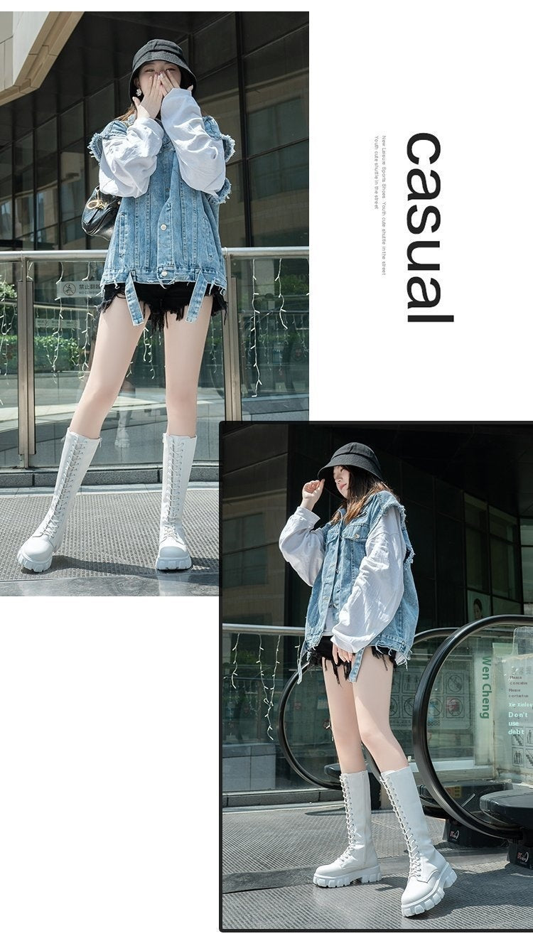 Women's British Style Knee-High Platform Boots – Chunky Mid Heel Lace-Up