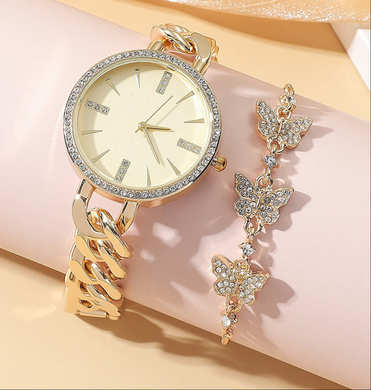 Gold watch with butterfly charm on a pink surface Women's Casual Thin Mesh Strap Watch – Minimalist Round Dial Bracelet Set Casual Watches mpncm1-10.myshopify.com womens-thin-strap-mesh-watch-bracelet-set-minimalist Fittyluxe