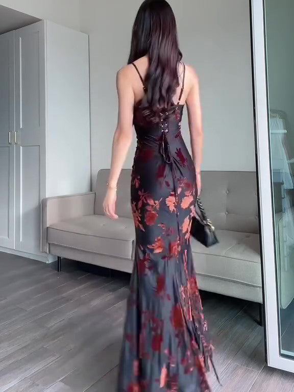 Women's Romantic Floral Flocked Maxi Dress – Velvet Texture Slip Gown Maxi Dresses mpncm1-10.myshopify.com womens-floral-flocked-velvet-maxi-slip-dress Fittyluxe