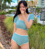 Women's Retro Sporty Two-Piece Swimsuit – Short Sleeve Crop Top & High Waist Bikini Set