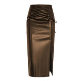 Women's Ruched Faux Leather Pencil Skirt – High Slit Coffee Midi Skirts mpncm1-10.myshopify.com womens-ruched-faux-leather-pencil-skirt-coffee Fittyluxe