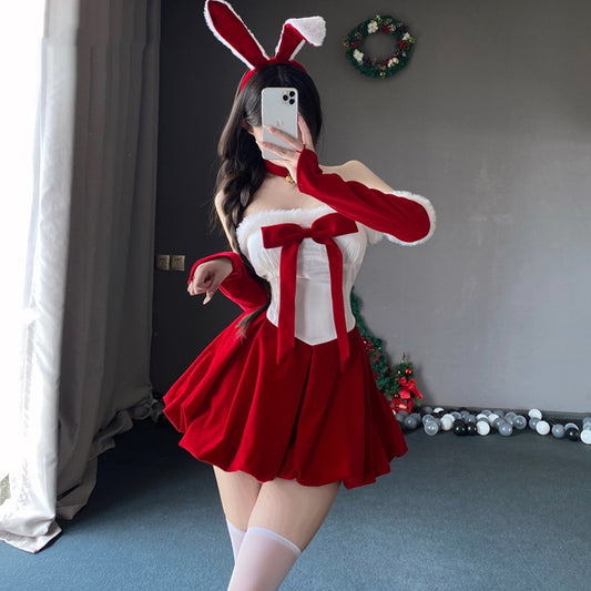 Christmas Sexy Bunny Girl Cosplay Costume | Velvet Santa Lingerie Set with Bunny Ears