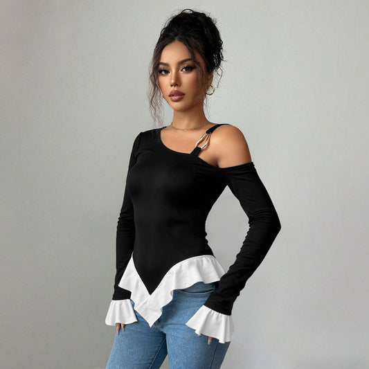 Chic Black One-Shoulder Top with Metal Buckle and Contrast Ruffled Hem Blouses & Fashion Tops mpncm1-10.myshopify.com black-one-shoulder-metal-buckle-ruffle-top Fittyluxe