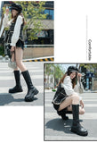 Women's British Style Knee-High Platform Boots – Chunky Mid Heel Lace-Up