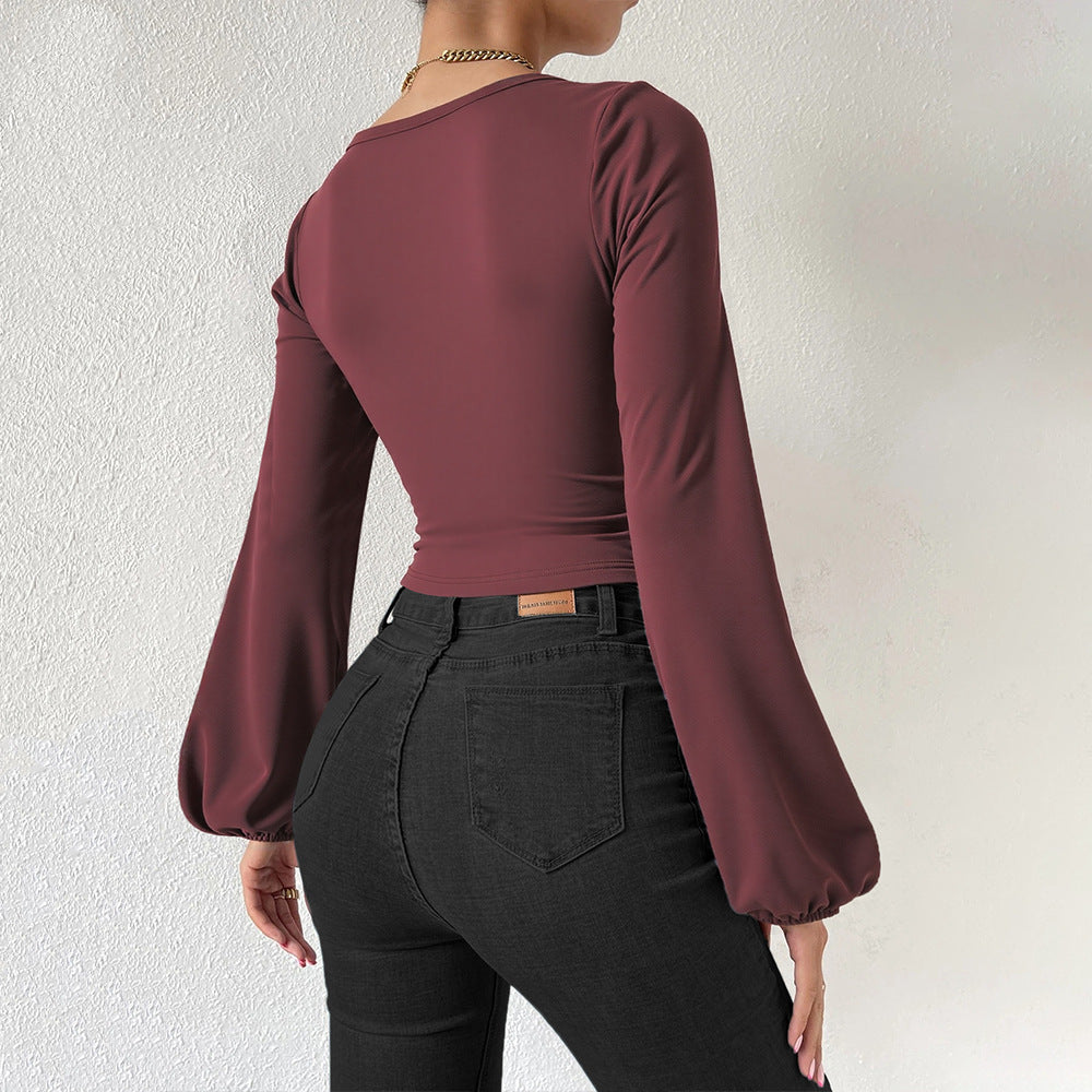 Burgundy Square Neck Lantern Sleeve Crop Top | Retro Slim Fit Blouse Women's Tops & Blouses mpncm1-10.myshopify.com burgundy-square-neck-lantern-sleeve-crop-top Fittyluxe