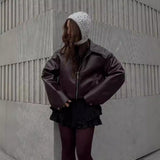 Women's Loose Fit Faux Leather Bomber Jacket – Lapel Collar Zip-Up Coat Jackets & Coats mpncm1-10.myshopify.com womens-oversized-faux-leather-lapel-jacket Fittyluxe