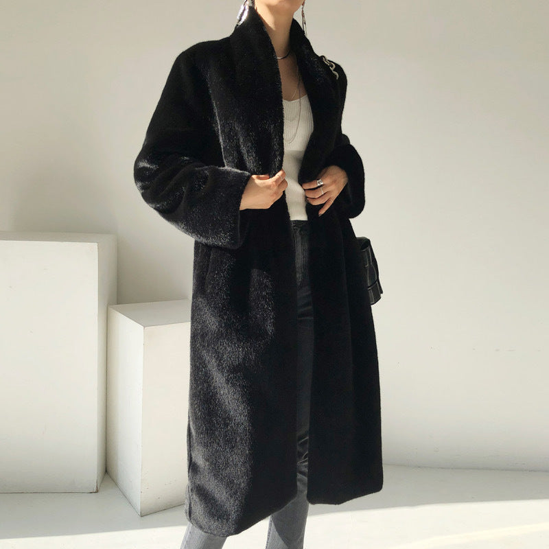 Marten Overcoats Mid-length Women's Stand Collar Plush Coat Women's Coats & Jackets mpncm1-10.myshopify.com luxury-black-faux-marten-plush-stand-collar-coat Fittyluxe
