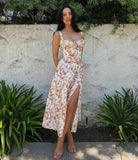 French Style Floral Corset Midi Dress – High-Slit A-Line Sling Back Tie Dress