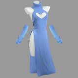 Blue dress with heart cutouts on a mannequin against a white background