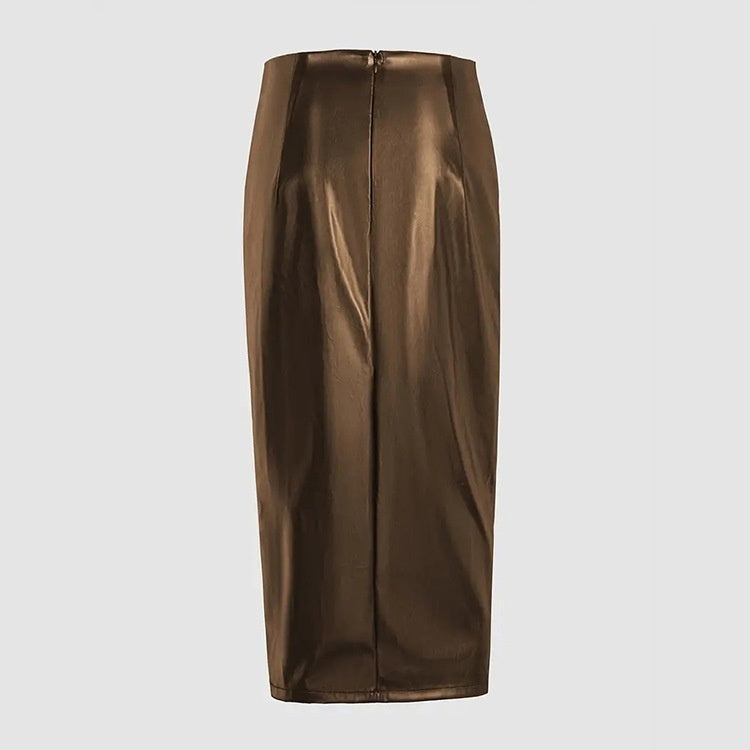 Women's Ruched Faux Leather Pencil Skirt – High Slit Coffee Midi Skirts mpncm1-10.myshopify.com womens-ruched-faux-leather-pencil-skirt-coffee Fittyluxe
