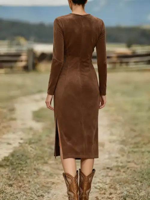 Vintage Western Suede-Look Midi Dress – Fringe & Ruffle Detail Long Sleeve Bodycon Midi Dresses mpncm1-10.myshopify.com vintage-western-suede-fringe-midi-dress-bodycon Fittyluxe