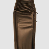 Women's Ruched Faux Leather Pencil Skirt – High Slit Coffee Midi Skirts mpncm1-10.myshopify.com womens-ruched-faux-leather-pencil-skirt-coffee Fittyluxe