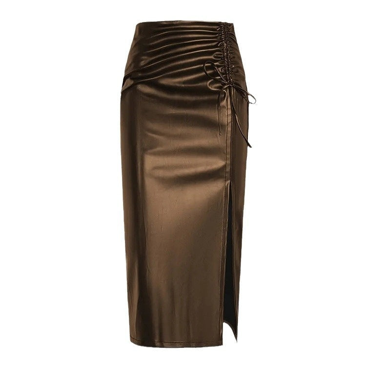 Women's Ruched Faux Leather Pencil Skirt – High Slit Coffee Midi Skirts mpncm1-10.myshopify.com womens-ruched-faux-leather-pencil-skirt-coffee Fittyluxe